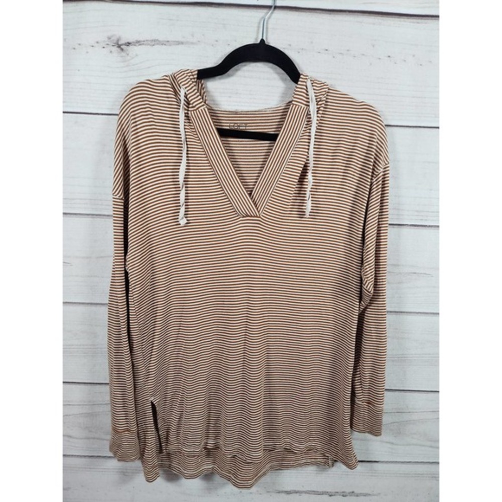 Loft Women's White Brown Striped Long Sleeve V-Neck Sweatshirt & Hoodies Size XS